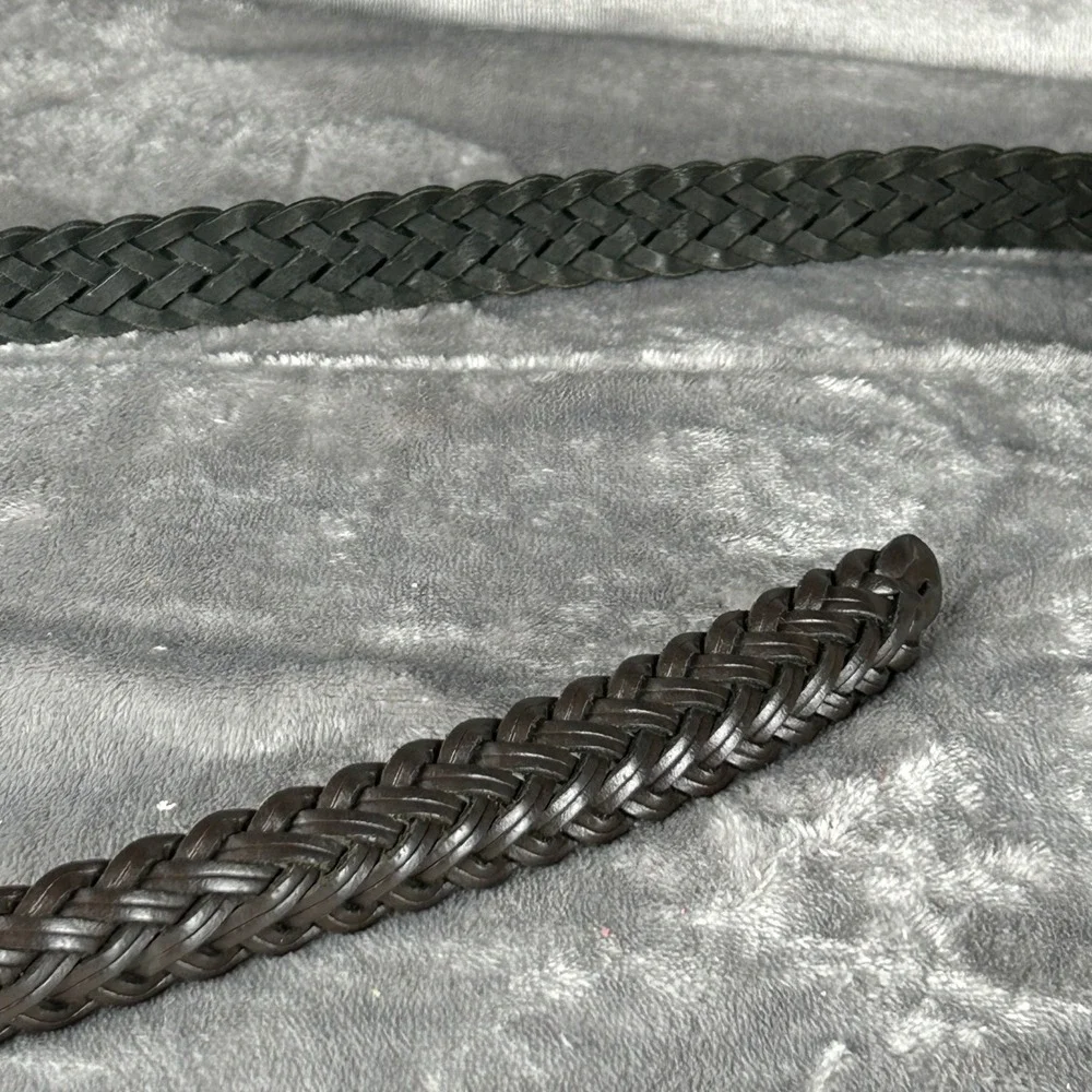 Dark Brown Braided Woven Genuine Leather Belt Brass Buckle M L